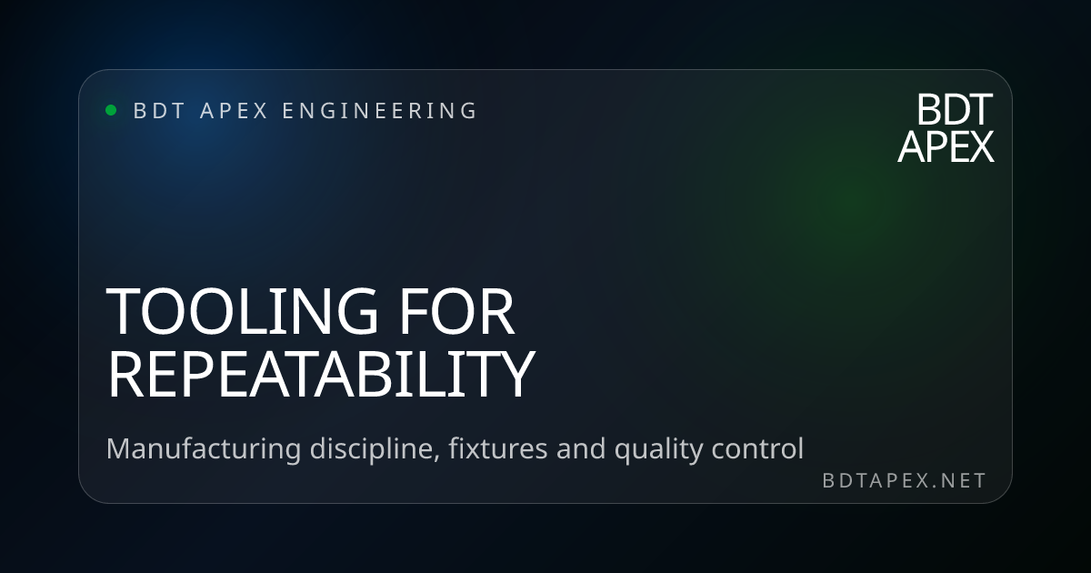 Generated workshop tooling image for a BDT Apex article about repeatability.